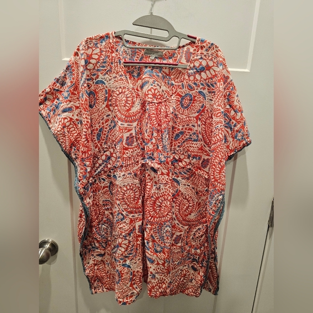 World Market Boho Tunic Top S/M Red Blue Floral Print Drawstring Waist Kimono